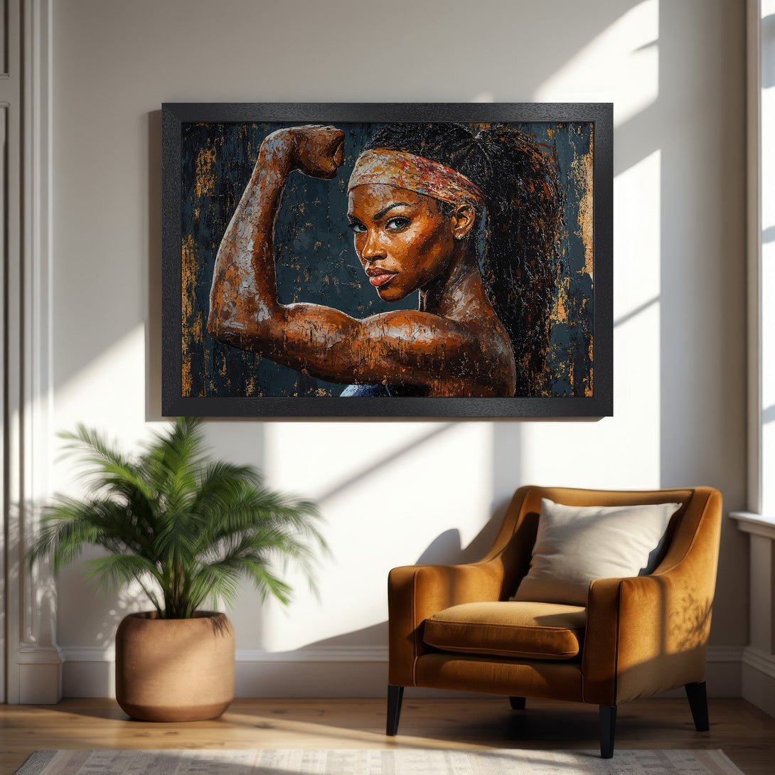 Framed Poster featuring a powerful woman, oil painting style, with warm brown and blue tones. Perfect wall art for your home!