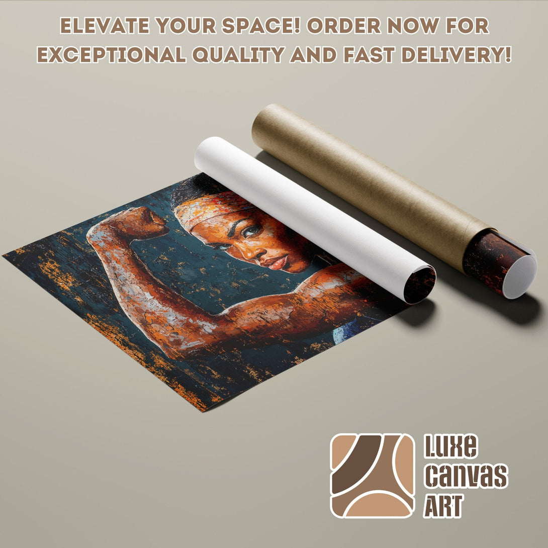 Abstract art poster roll featuring a strong woman, with a blue, brown, and orange color palette.