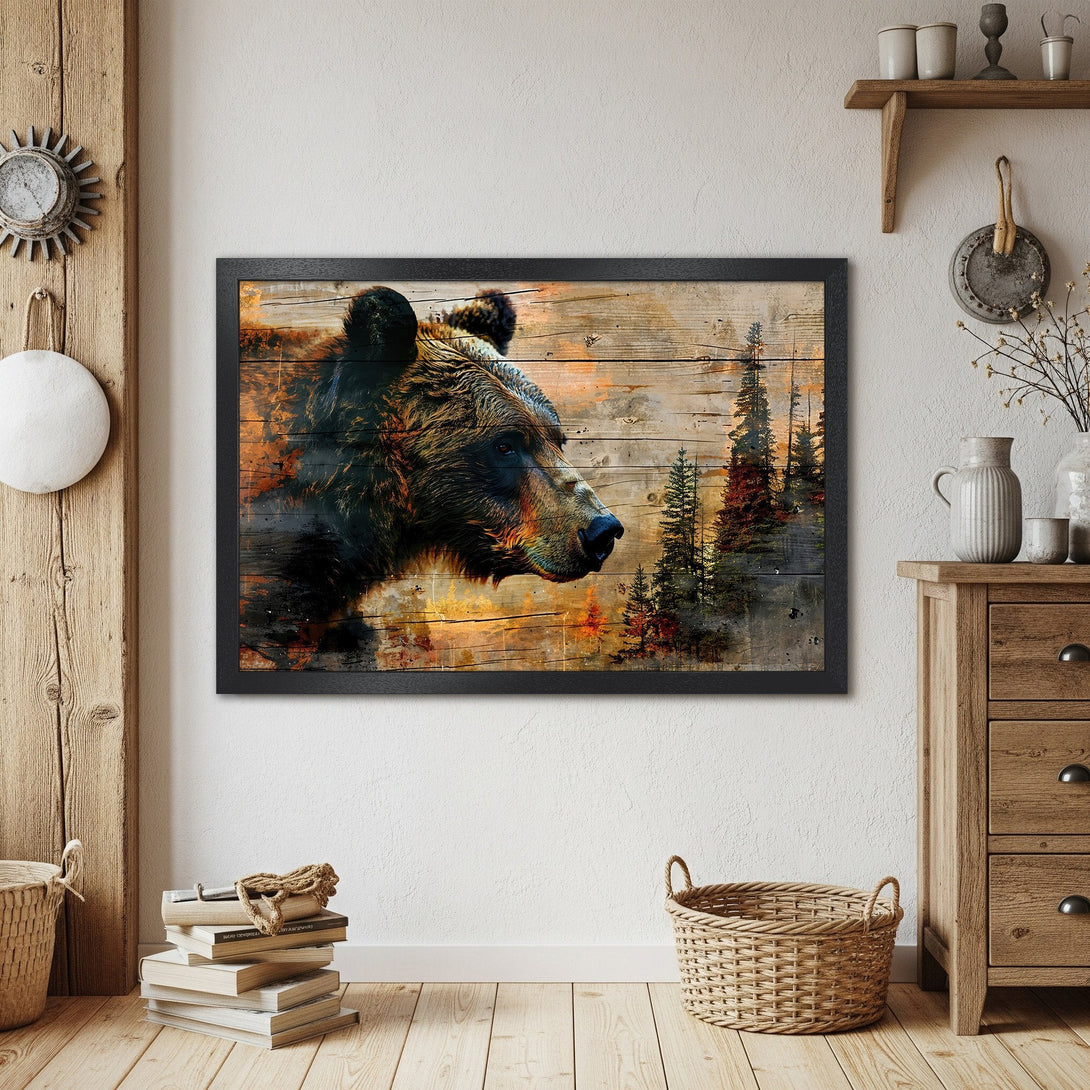 Framed Poster featuring a majestic bear in a rustic style with warm, earthy tones. Perfect for nature lovers!