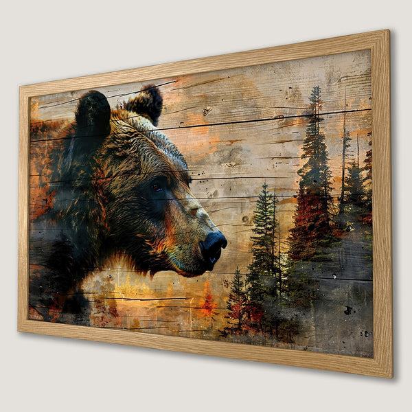 Framed Poster featuring a bear in a rustic style, with a warm, earthy color palette. Perfect for nature lovers!