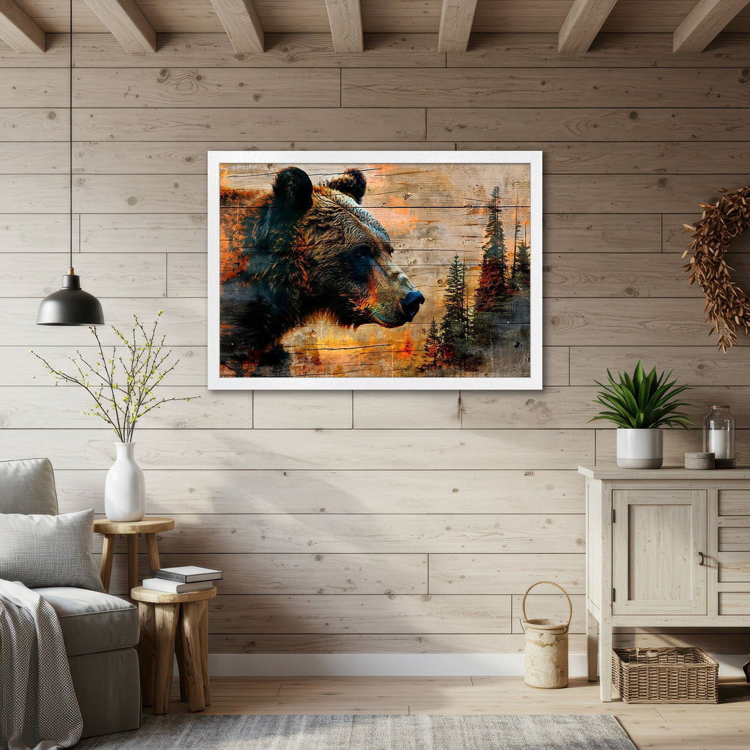 Framed Poster featuring a bear in a rustic style with a warm, earthy color palette. Perfect for nature lovers!