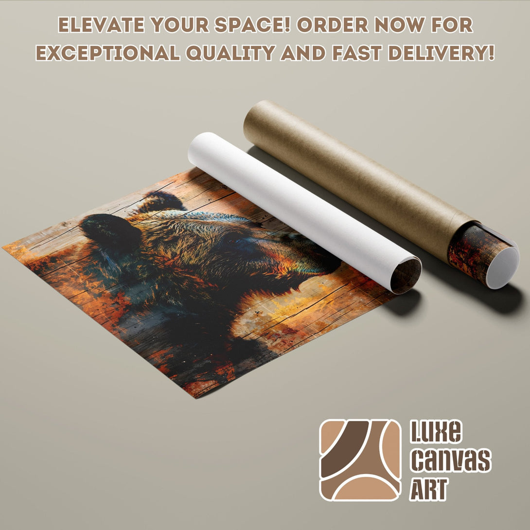 Poster Roll featuring a bear art print, rustic style, warm brown and orange tones.