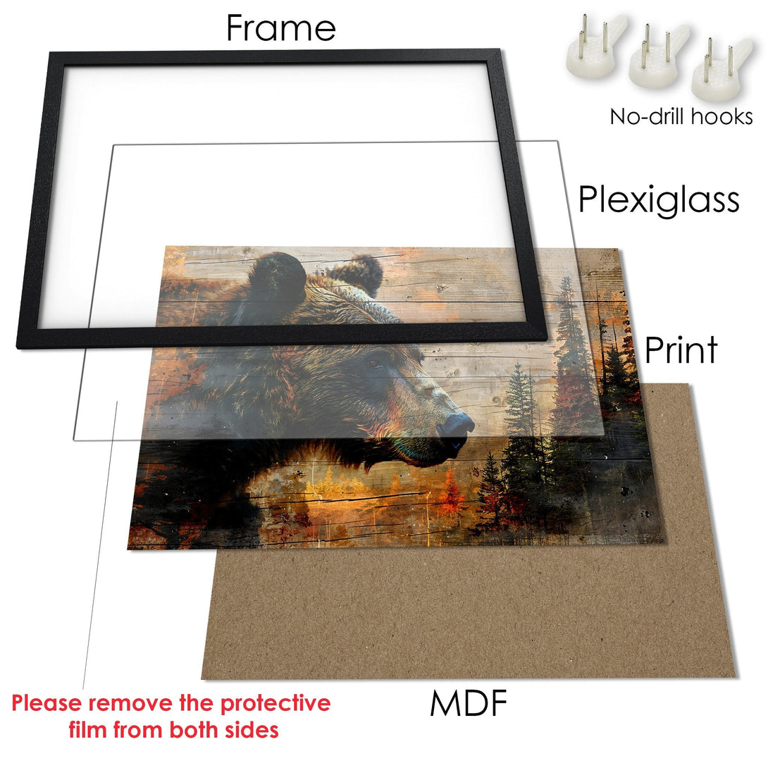 Framed Poster featuring a majestic bear in a rustic style with warm, earthy tones. Perfect nature-inspired wall art!