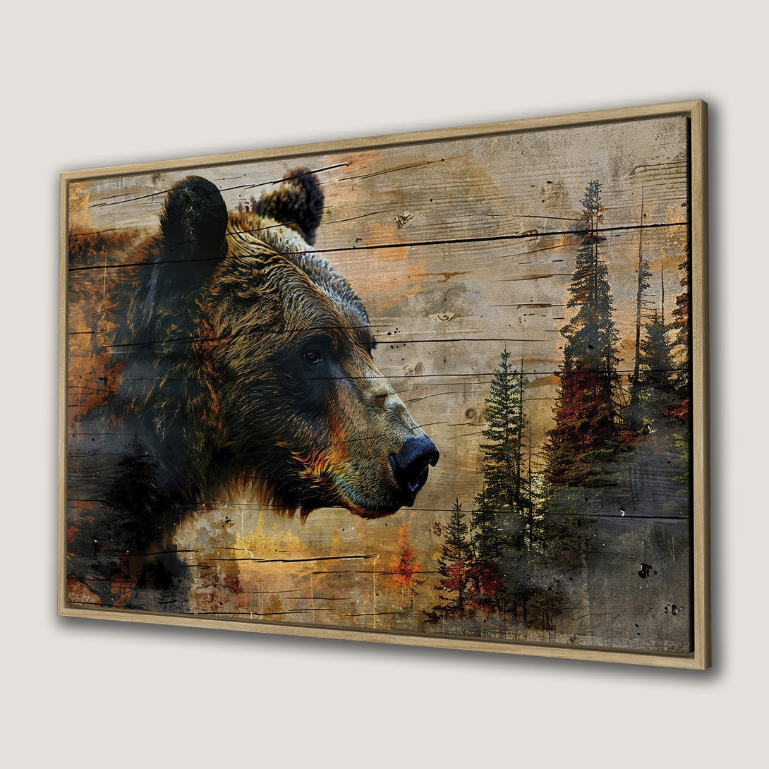Framed Wall Art featuring a majestic bear in a rustic style with a warm, earthy color palette. Perfect for adding a touch of nature to your home!