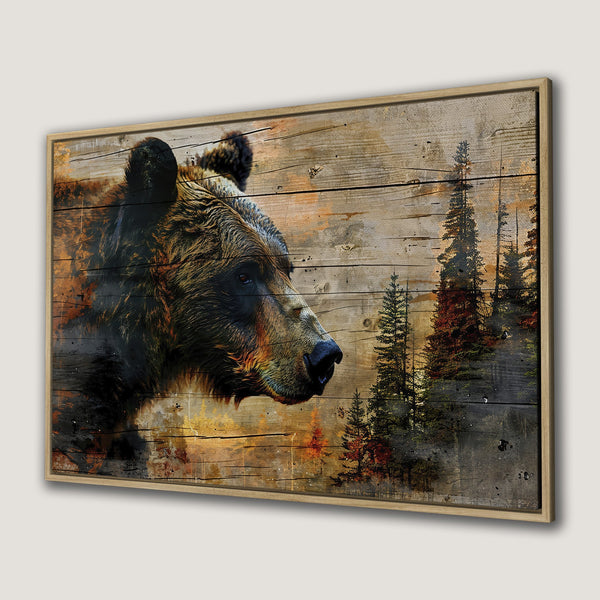 Framed Wall Art featuring a majestic bear in a rustic style with a warm, earthy color palette. Perfect for adding a touch of nature to your home!