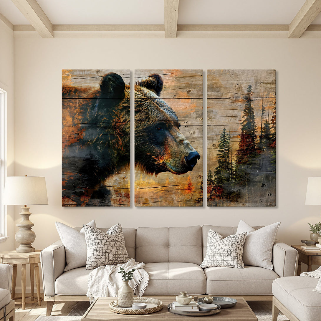 Canvas Print: Grizzly bear art on wood. Rustic style with warm brown, orange, and green tones. Perfect for living room decor.