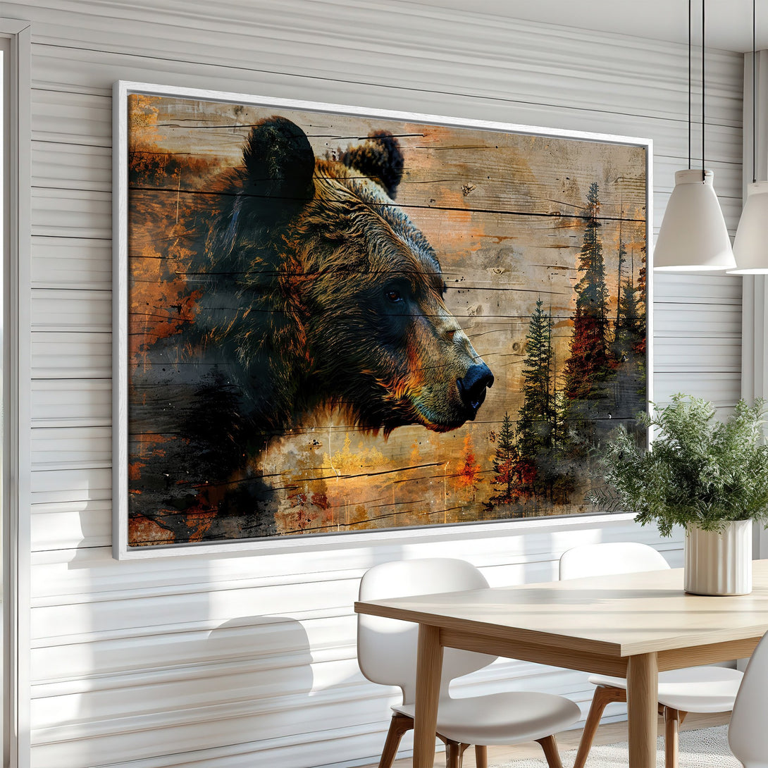 Framed Wall Art: Grizzly bear portrait on wood-look canvas. Rustic style with warm brown, orange, and black tones. Perfect for lodge decor.