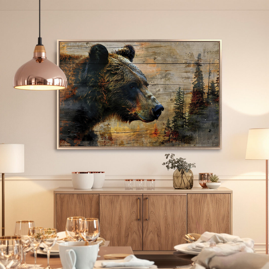 Framed Wall Art: Grizzly bear portrait on wood. Rustic style, warm brown and gold tones. Perfect for cabin decor.
