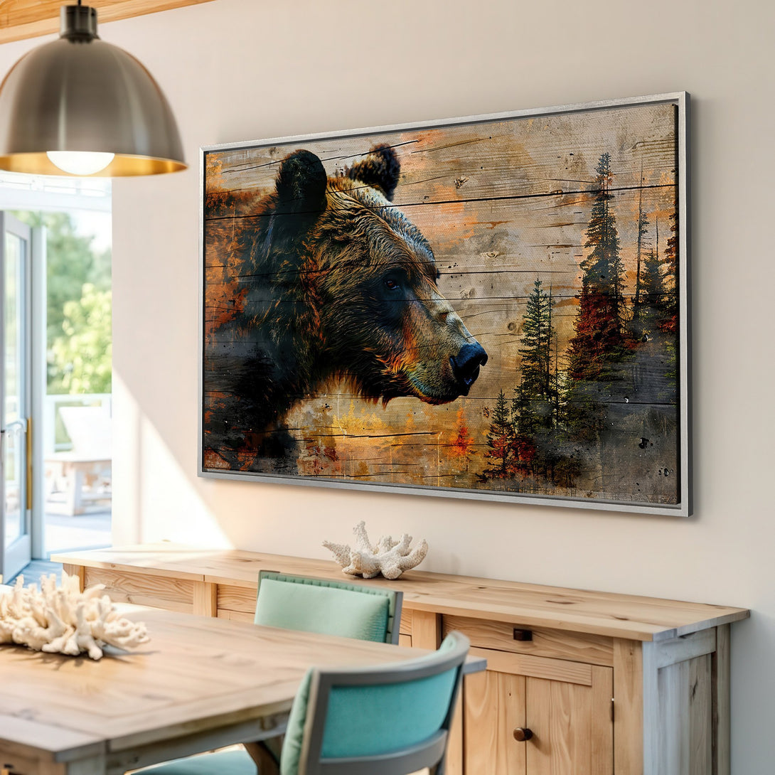 Framed Wall Art featuring a majestic bear in a rustic style with a warm, earthy color palette, perfect for adding a touch of nature to your home decor.