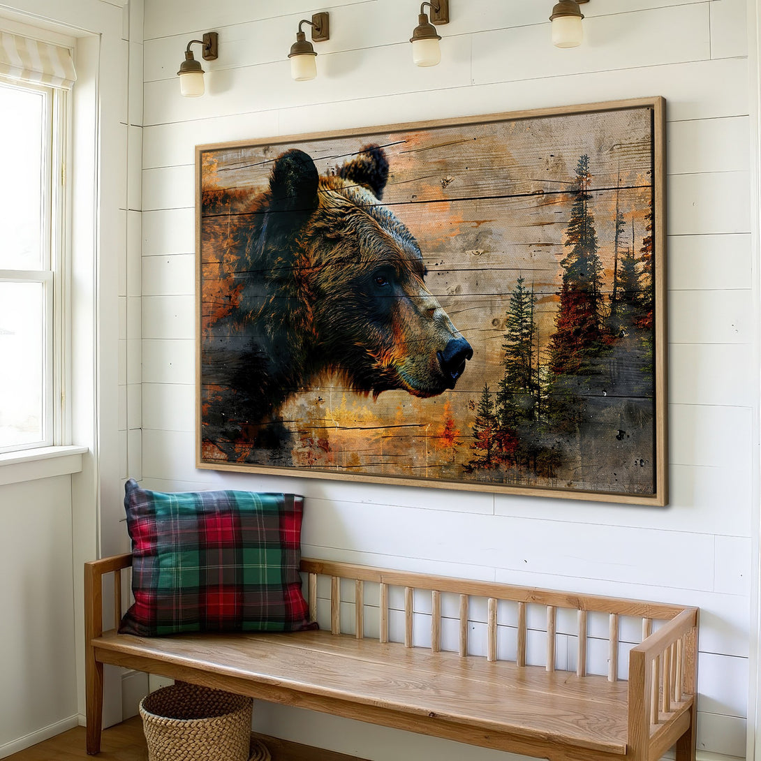 Framed Wall Art: Rustic bear portrait with warm, earthy tones. Perfect for cabin decor! Shop our nature-inspired Canvas Prints.