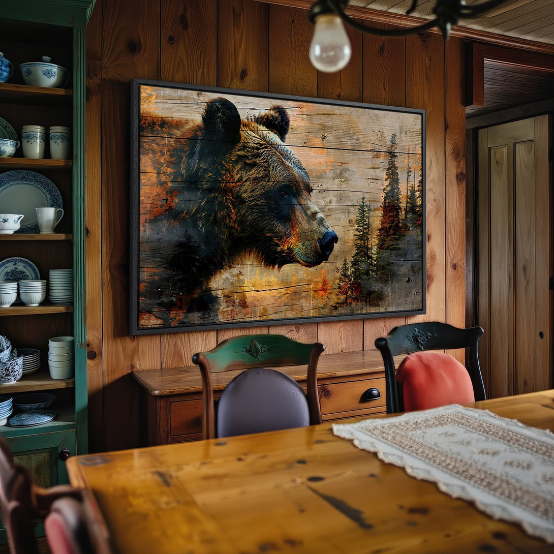 Framed Wall Art: Grizzly bear portrait canvas print in rustic style, warm brown and orange tones. Perfect for cabin decor!
