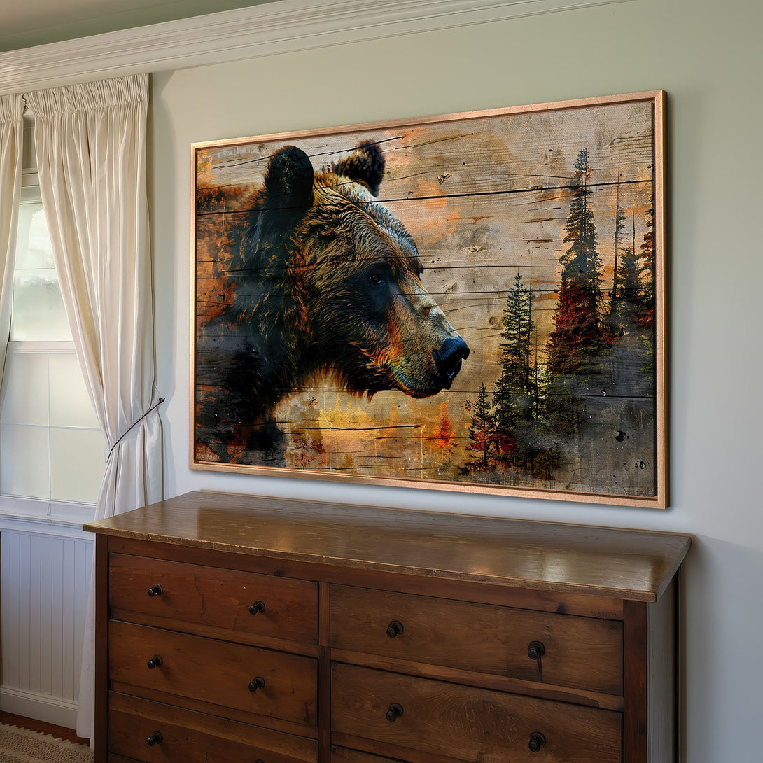 Framed Wall Art featuring a majestic bear in a rustic style with warm brown and orange tones, perfect for cabin decor.