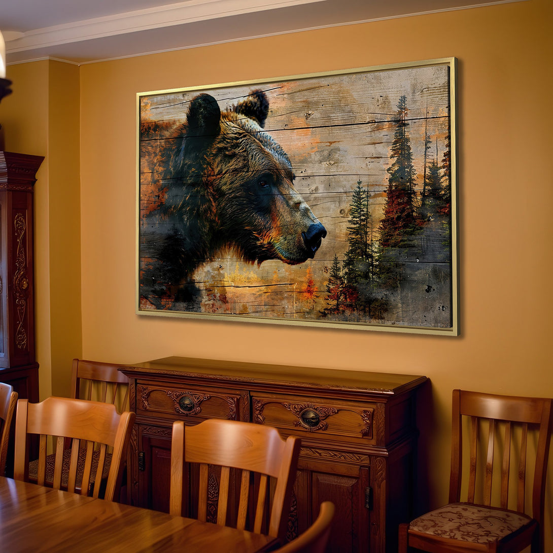 Canvas Print of a majestic bear in a rustic style, featuring warm earth tones. Perfect wall art for a cozy living room.