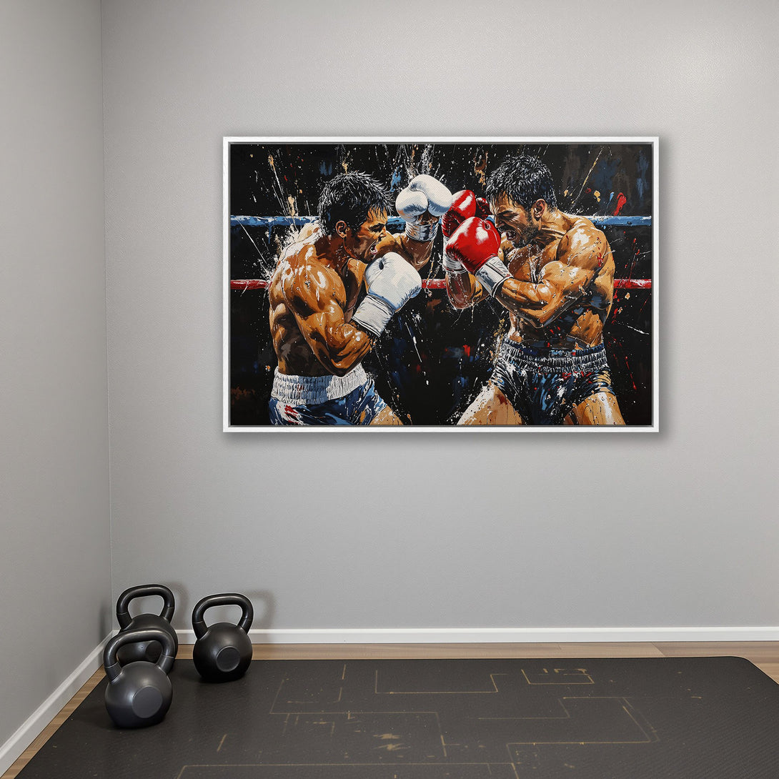 Framed Wall Art: Dynamic boxing match canvas print. Bold, expressive style with a dark, action-packed scene. Features red, white, and black color palette.