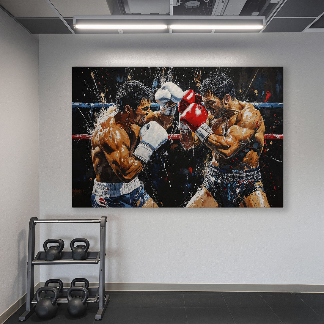 Framed Wall Art: Dynamic boxing scene in a gym. Bold, expressive style with a dark and colorful palette. Perfect for a home gym or sports decor.