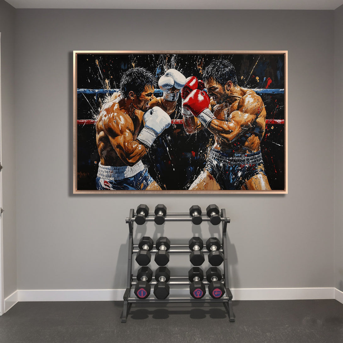 Framed Wall Art: Dynamic boxing match canvas print with bold brushstrokes, vibrant red/blue/white accents, and a striking black background. Perfect gym decor!