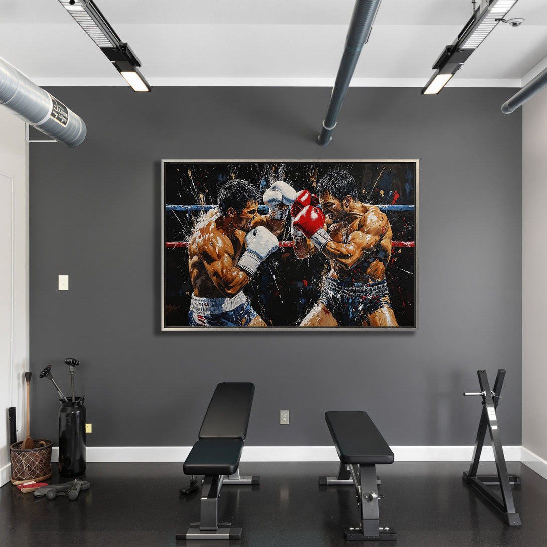 Framed Wall Art: Dynamic boxing match art print in a modern gym setting. Bold, expressive style with a striking black, red, and white color palette. Elevate your space!