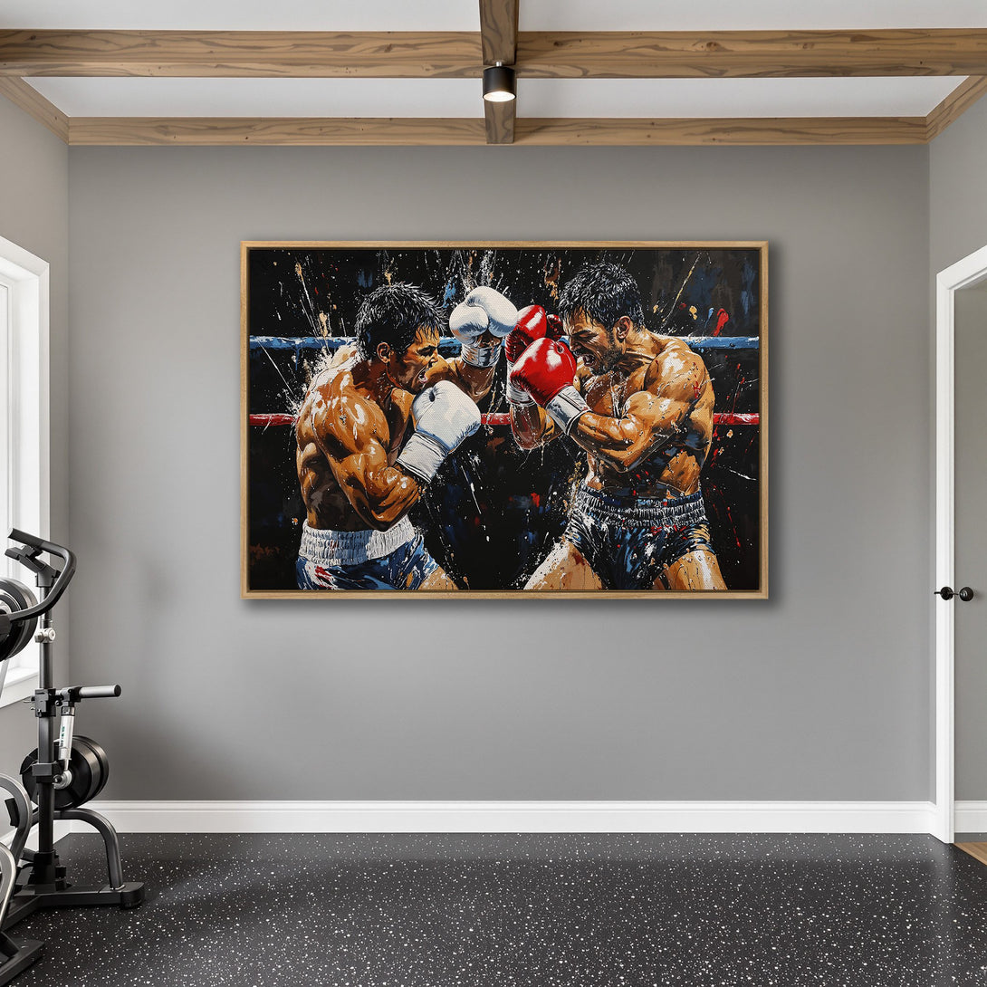 Framed Wall Art: Dynamic boxing match canvas print with bold brushstrokes. Intense action in a dark, dramatic style with red, white, and black color palette.
