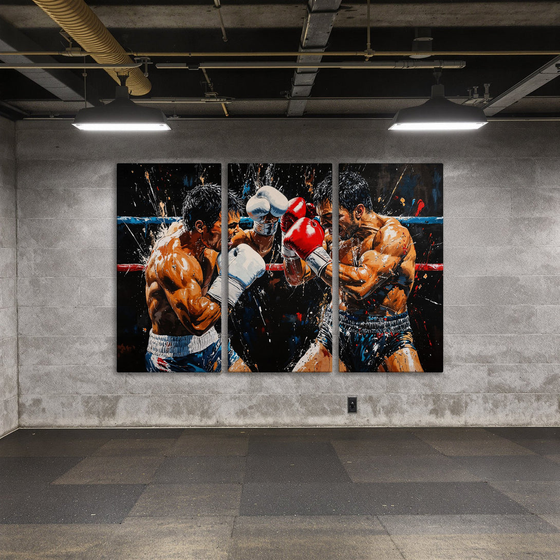 Canvas Print of a dynamic boxing match in a modern, expressive style with a bold black, orange, and blue color palette.