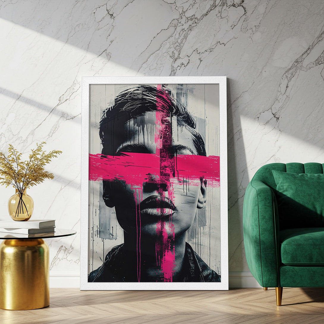 Framed Poster featuring a striking portrait in a modern, abstract style. Bold pink and grayscale color palette for a statement piece.