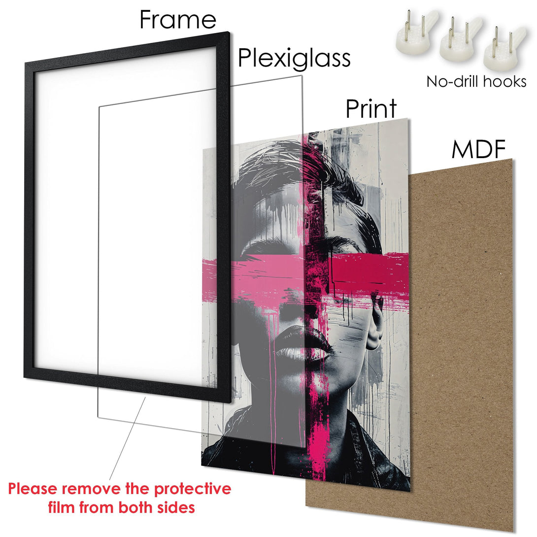 Framed Poster featuring a woman's face in a modern, abstract style with a black, white, and pink color palette. Perfect wall art!