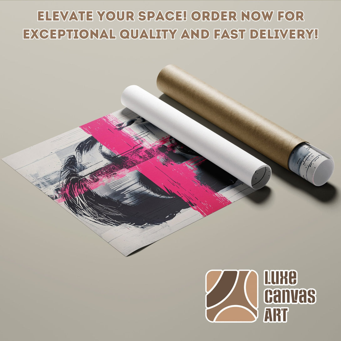 Abstract art poster roll with pink, black, and white color palette. Modern wall art for your home. Order your Poster today!