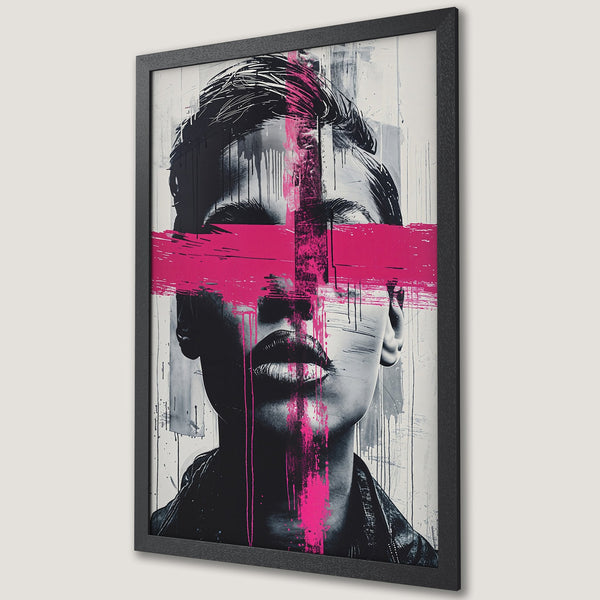 Framed Poster featuring a woman's face with pink brushstroke, modern art style, black, white, and pink color palette.