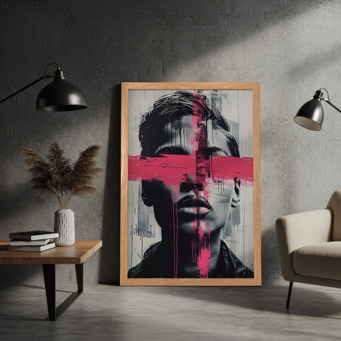 Framed Poster featuring a stylish portrait with pink accents. Modern art print in black, white, and pink color palette. Perfect wall decor!