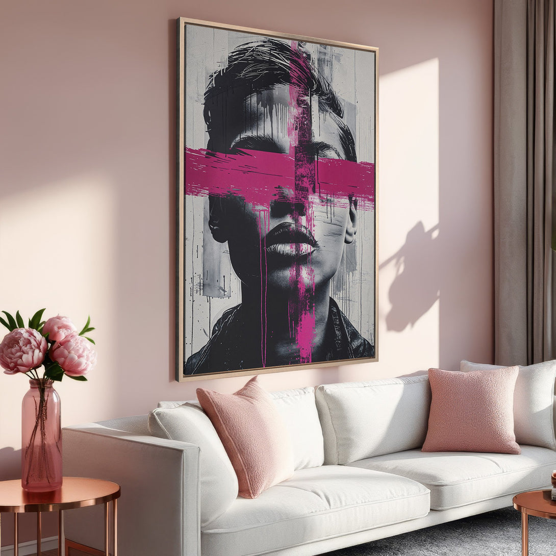 Framed Wall Art: Abstract portrait in black, white, and pink. Modern art canvas print adds a pop of color to any space. Shop now!