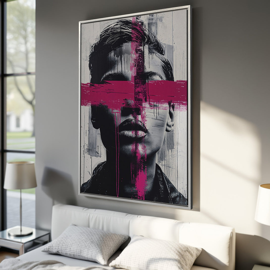 Framed Wall Art: Abstract portrait in black, white, and fuchsia. Modern art canvas print adds a pop of color and style to any bedroom decor.