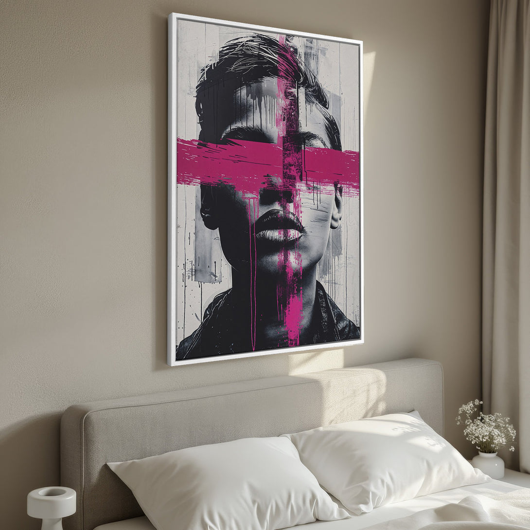 Framed Wall Art of a woman's face with bold pink brushstrokes. Modern, abstract style with a black, white, and pink color palette. Perfect for bedroom decor.
