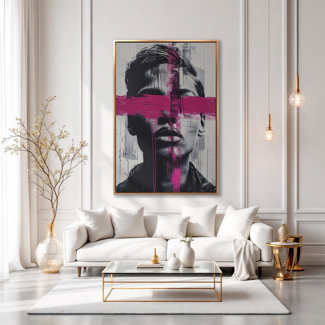 Framed Wall Art: Modern portrait canvas print with a woman's face, featuring bold pink brushstrokes. Stylish black, white, and pink color palette for contemporary decor.