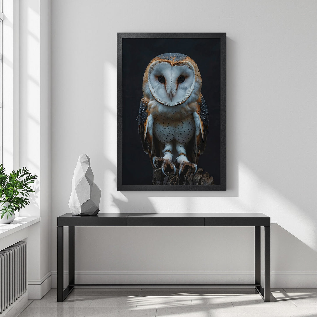 Framed Poster featuring a stunning owl portrait. Nature-inspired art with a warm, neutral color palette, perfect for home decor.