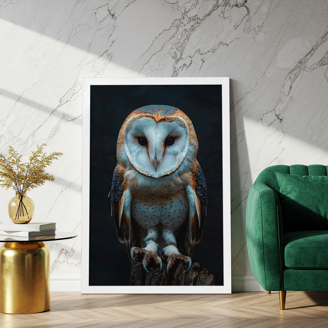Framed Poster featuring a stunning owl portrait. Nature-inspired art with a warm, earthy color palette. Perfect for home decor.
