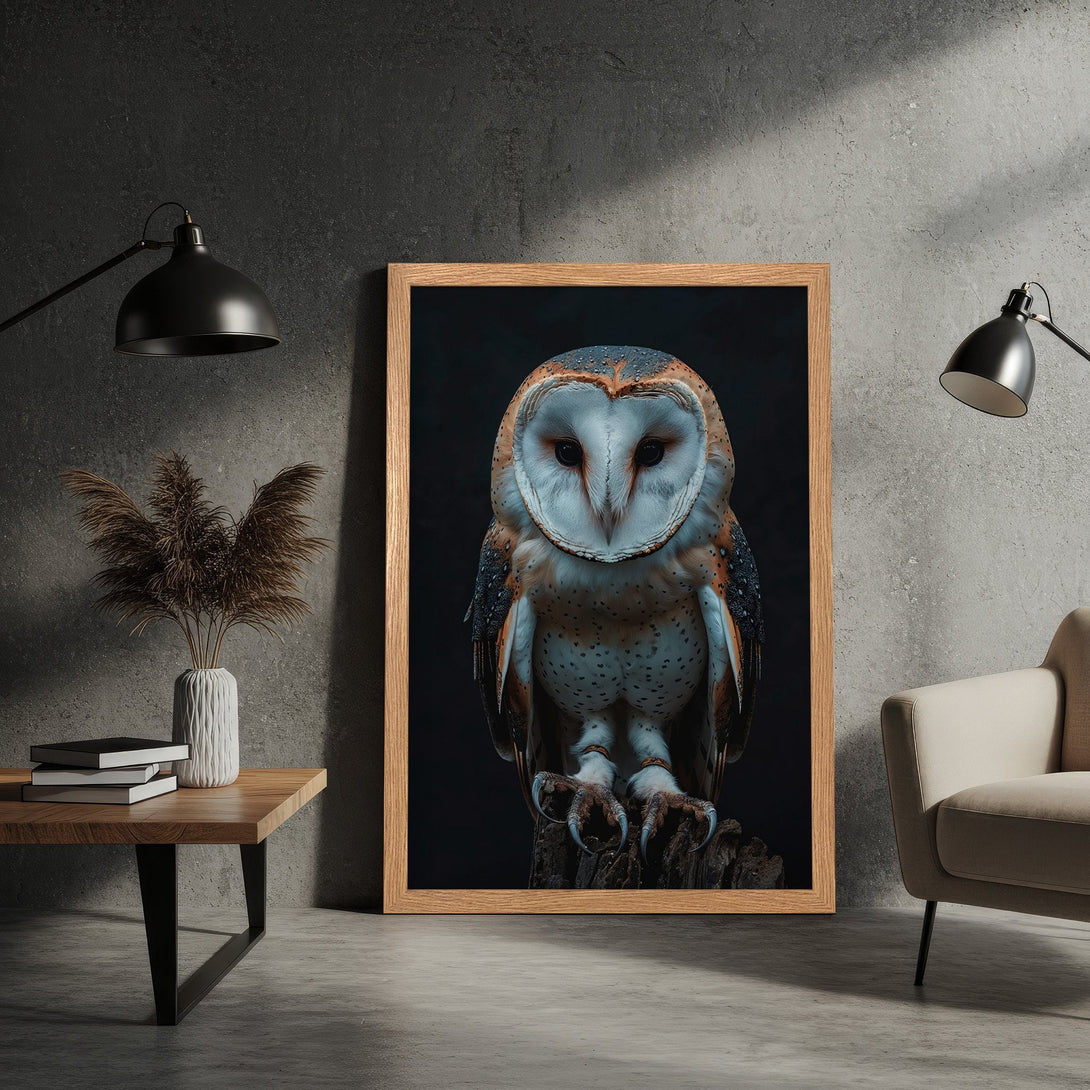 Framed Poster featuring a stunning owl. Dramatic, nature-inspired art with a warm, neutral color palette. Perfect for home decor.