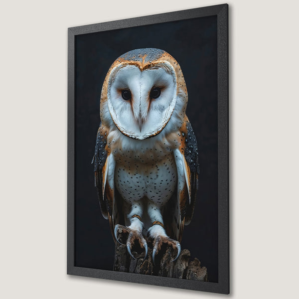 Framed Poster featuring a majestic owl. Wildlife art in a dark, moody style with brown, white, and black tones. Perfect wall decor.