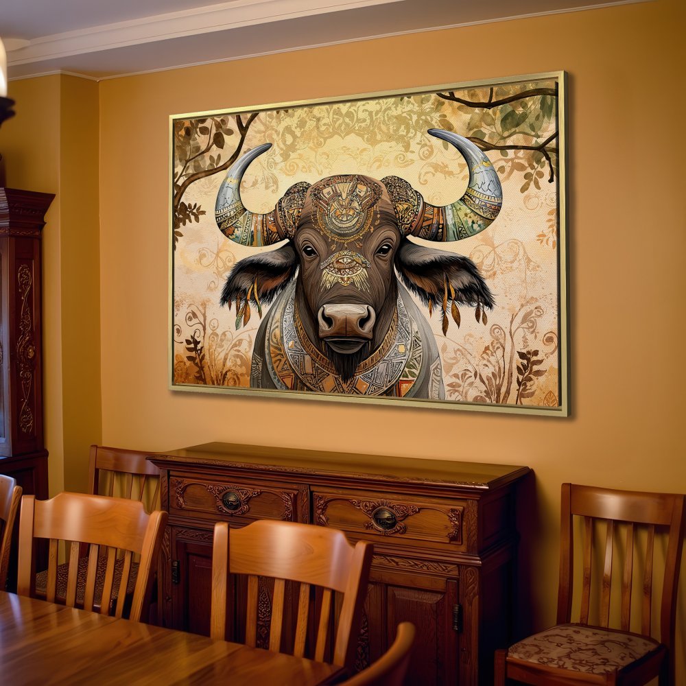 Canvas Print of a majestic buffalo in boho style, earthy tones. Perfect wall art for living room decor.