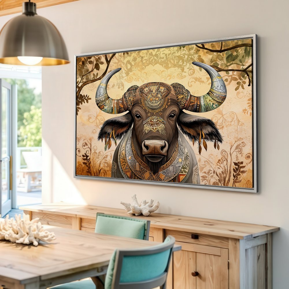 Framed Wall Art: Majestic buffalo in boho style, warm earthy tones. Add unique art to your home!
