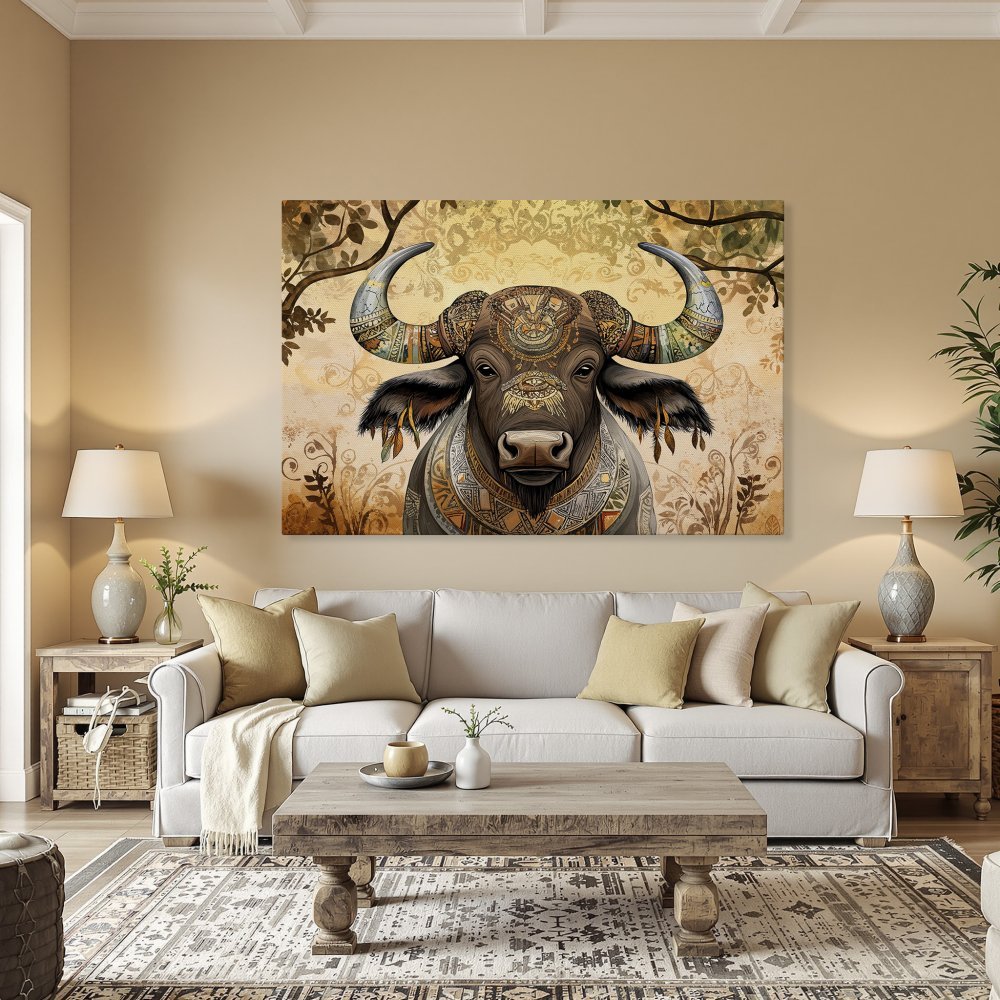 Framed Wall Art: Tribal buffalo print in warm earth tones. Add a touch of bohemian style to your home decor. Shop now!