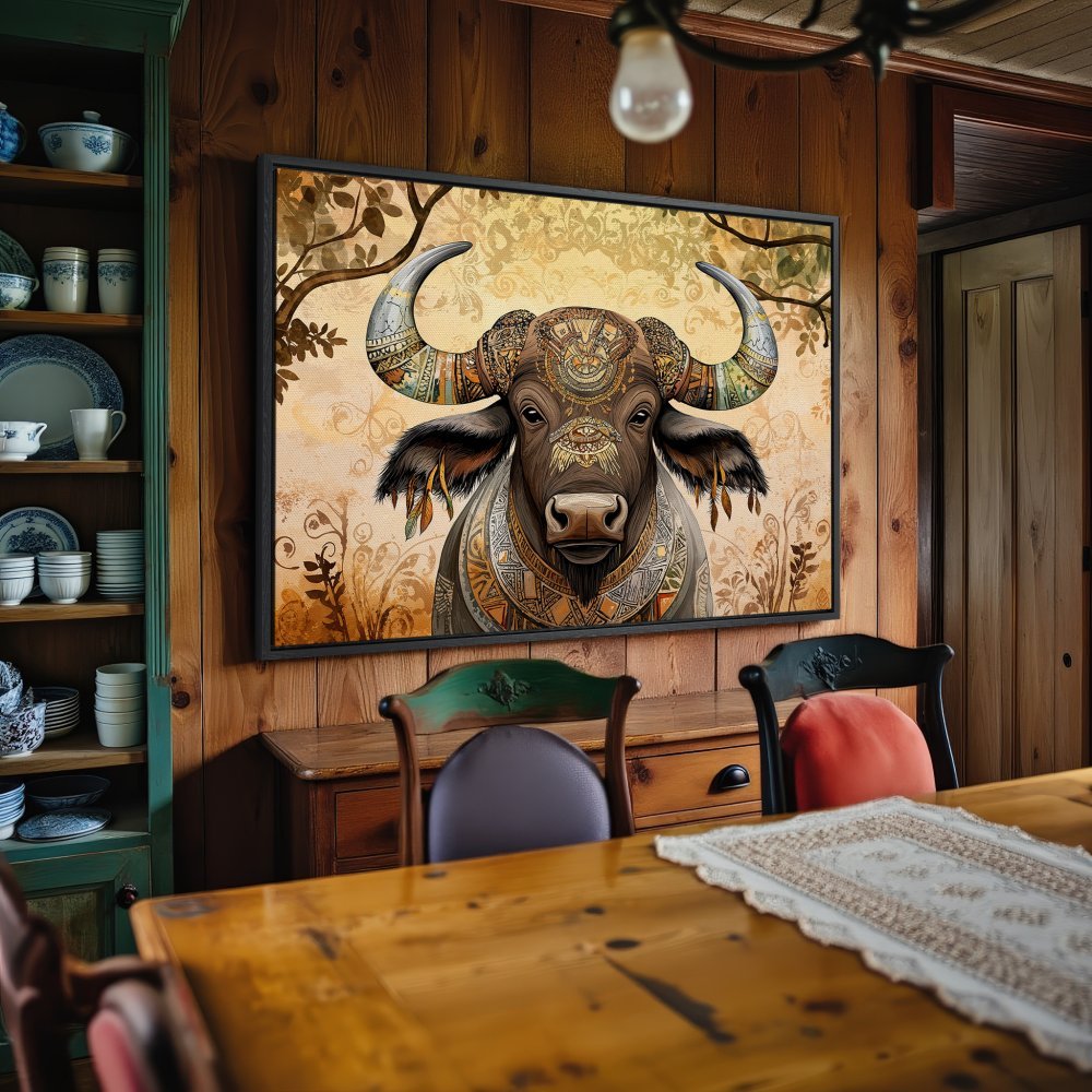 Framed Wall Art: Tribal buffalo canvas print with warm earth tones. Add rustic charm to your home decor!