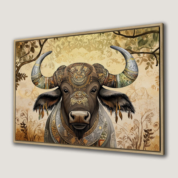 Framed Wall Art: Majestic buffalo print with intricate tribal details in warm, earthy tones. Elevate your space with this captivating canvas art.