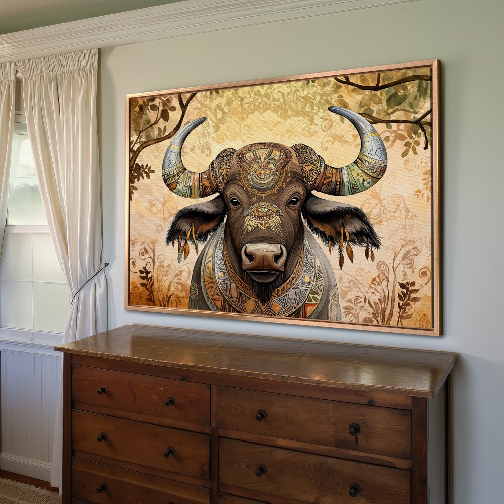 Framed Wall Art: Majestic buffalo canvas print in warm earth tones. Boho style art for living room or bedroom decor.