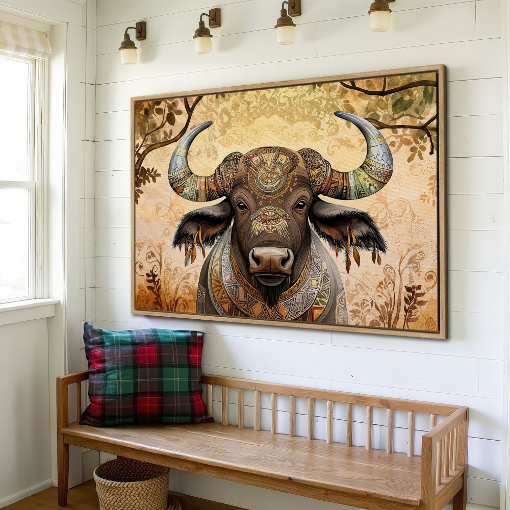 Framed Wall Art: Buffalo portrait in boho style, warm earth tones. Add a touch of nature to your space with this stunning Canvas Print!