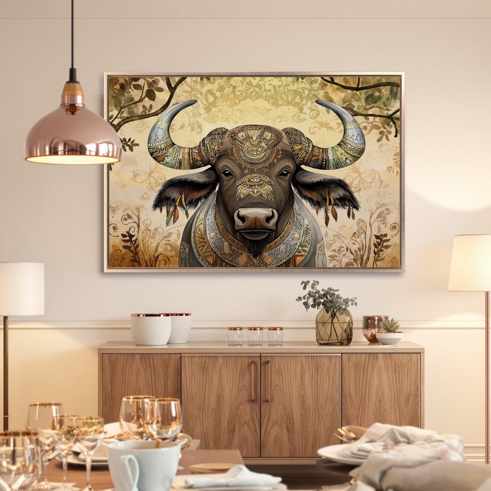 Framed Wall Art: Majestic buffalo in tribal style, warm earth tones. Elevate your space with this stunning canvas print!