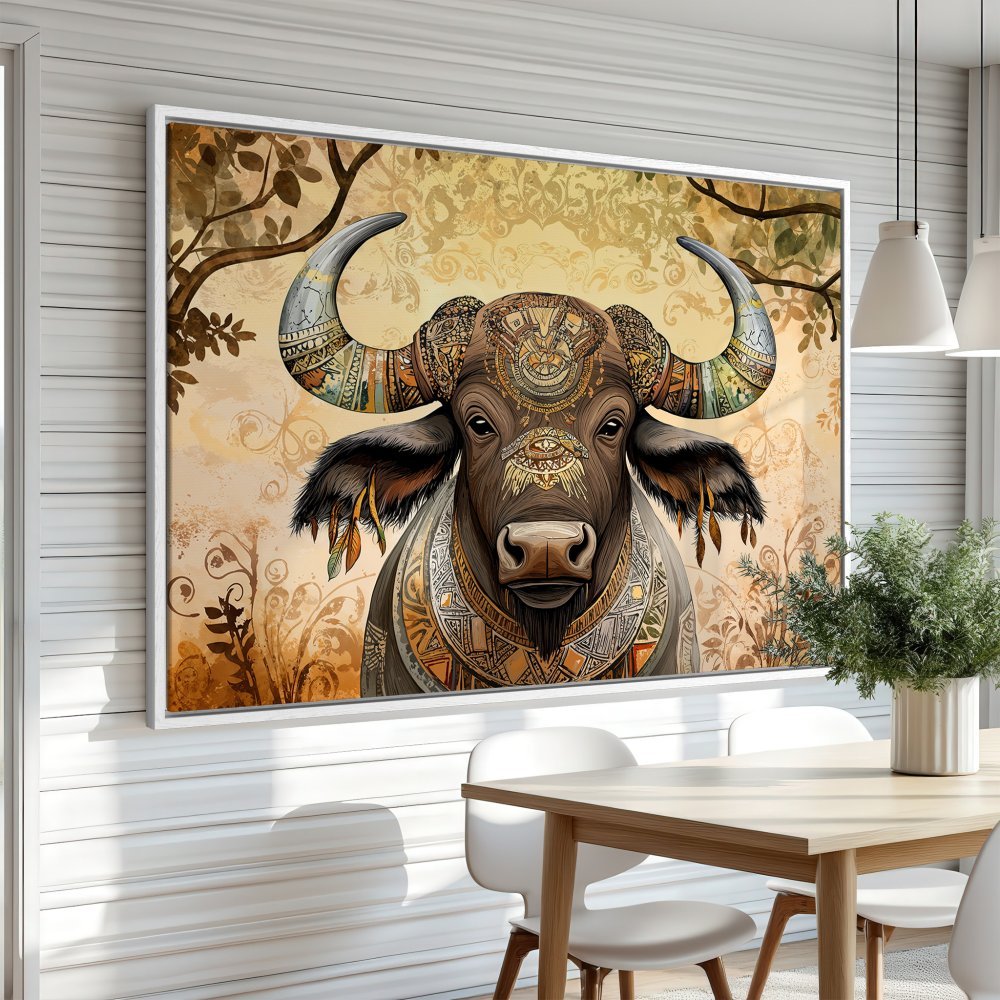 Framed Wall Art: Tribal buffalo canvas print in warm earth tones. Add a touch of boho style to your home decor!