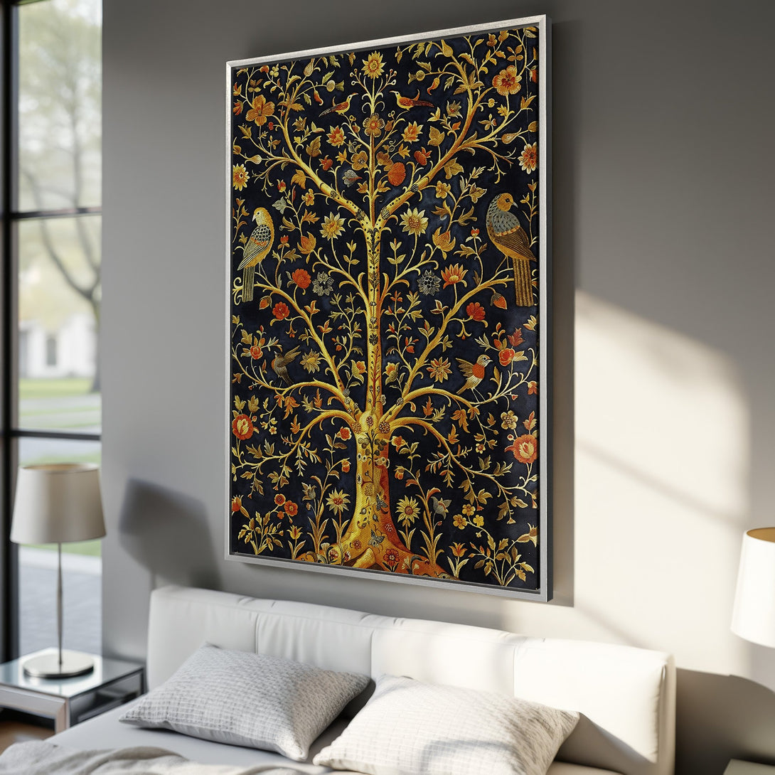 Framed Wall Art featuring a detailed tree of life design with birds, in a dark blue, gold, and orange color palette. Perfect for adding elegance to any room!