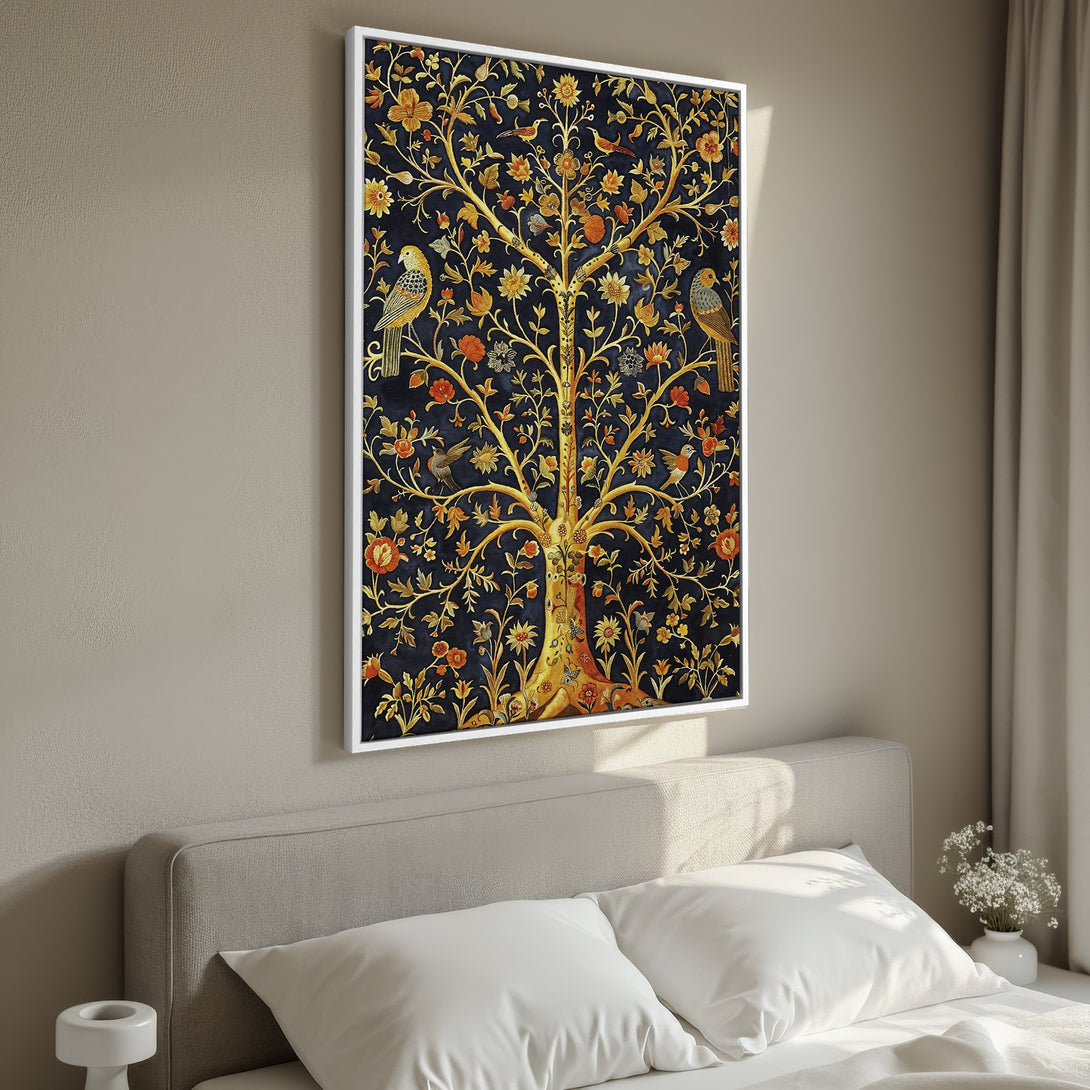 Framed Wall Art featuring a golden tree with birds against a dark blue backdrop. Elegant floral design in a warm, rich color palette. Perfect for bedroom decor!