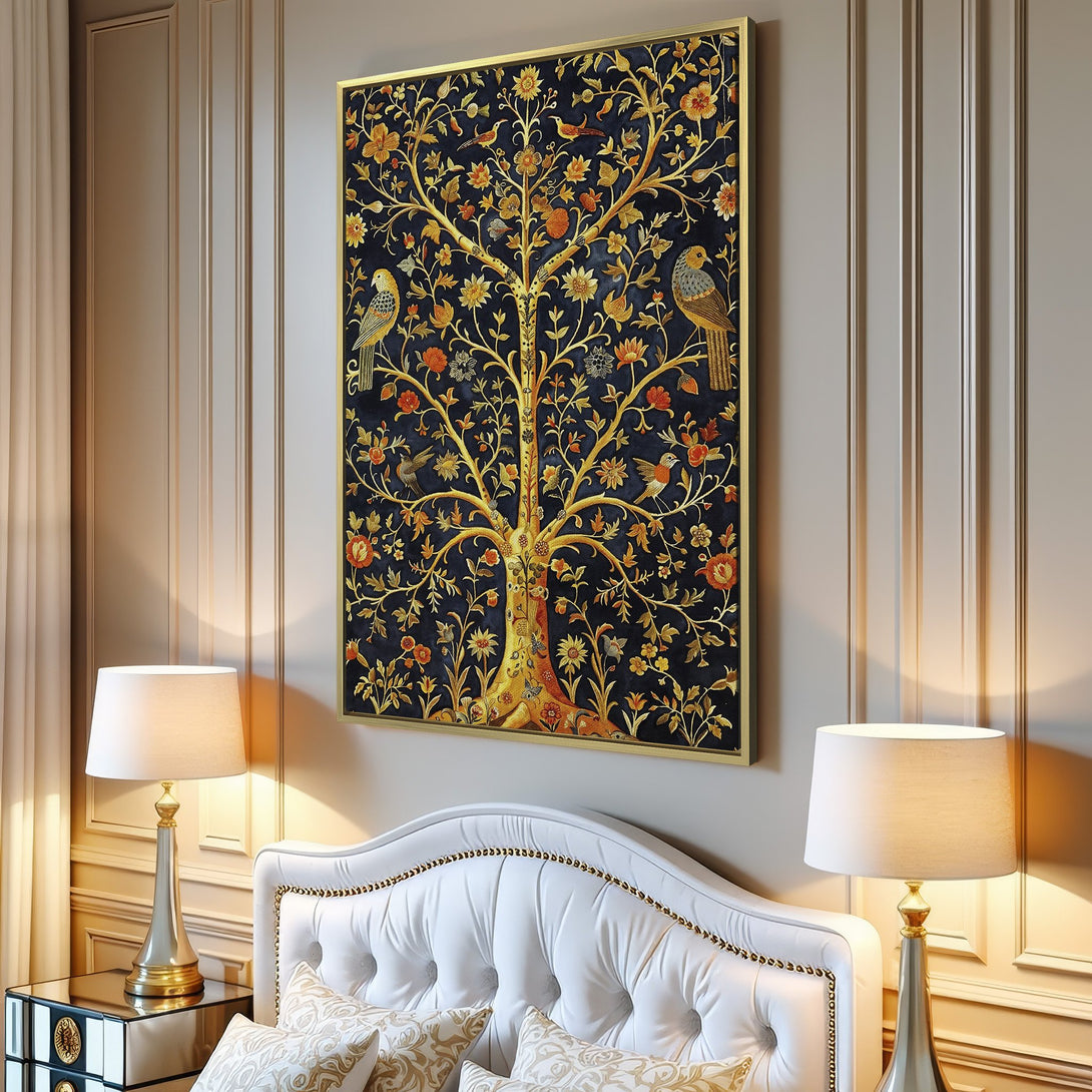 Canvas Print: Elegant tree of life art with gold accents on a dark blue background. Adds a touch of sophistication to any space.