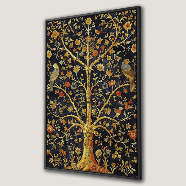 Framed Wall Art featuring a golden tree with birds and flowers on a navy background. Elegant, vintage style with warm orange and gold accents.