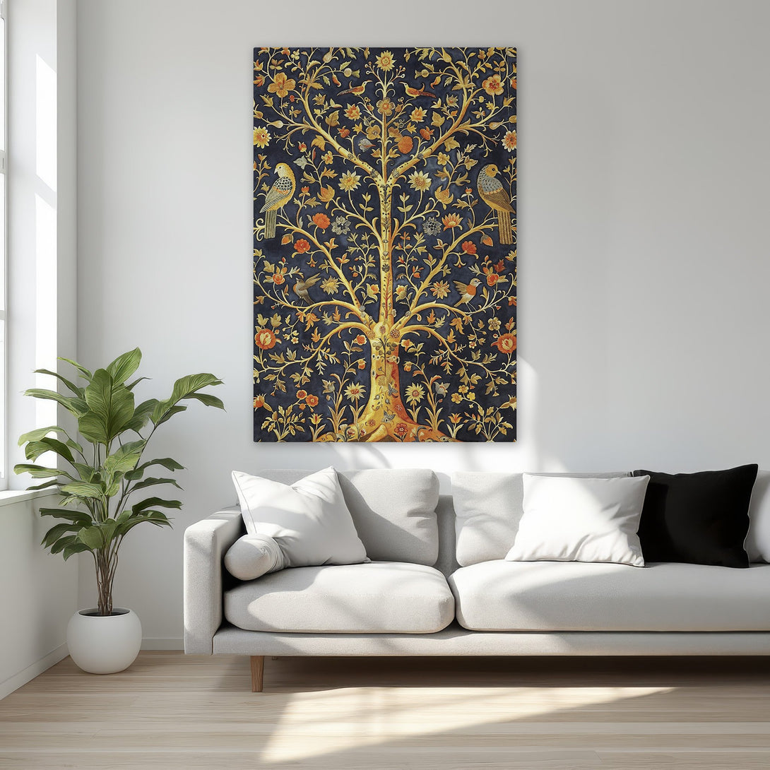 Framed Wall Art featuring a golden tree and birds on a dark blue background. Elegant, classic style with warm, rich color palette. Perfect for adding sophistication.